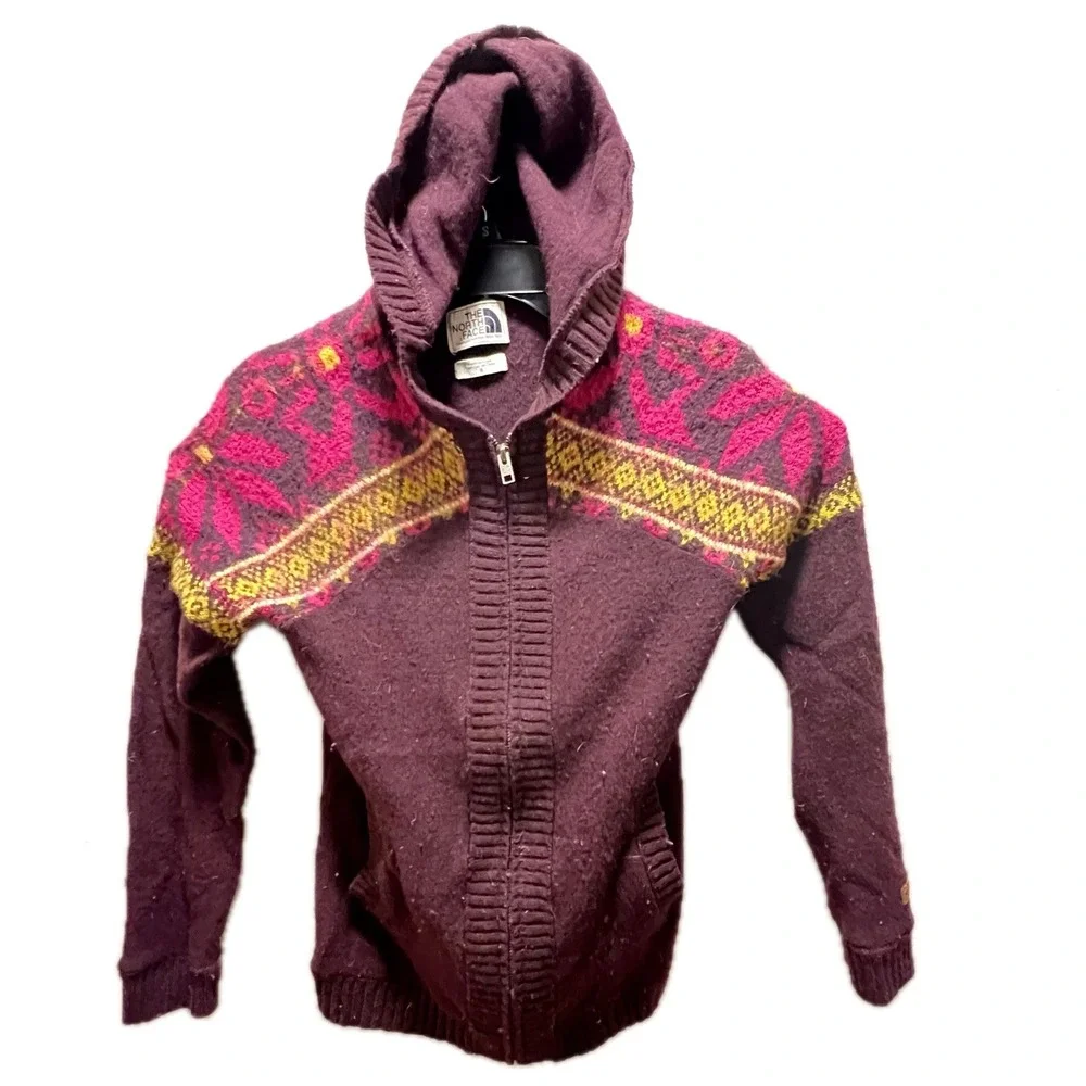 The North Face Full Zip Hoodie Sweater Kids Small Purple Fair Isle Good Knit